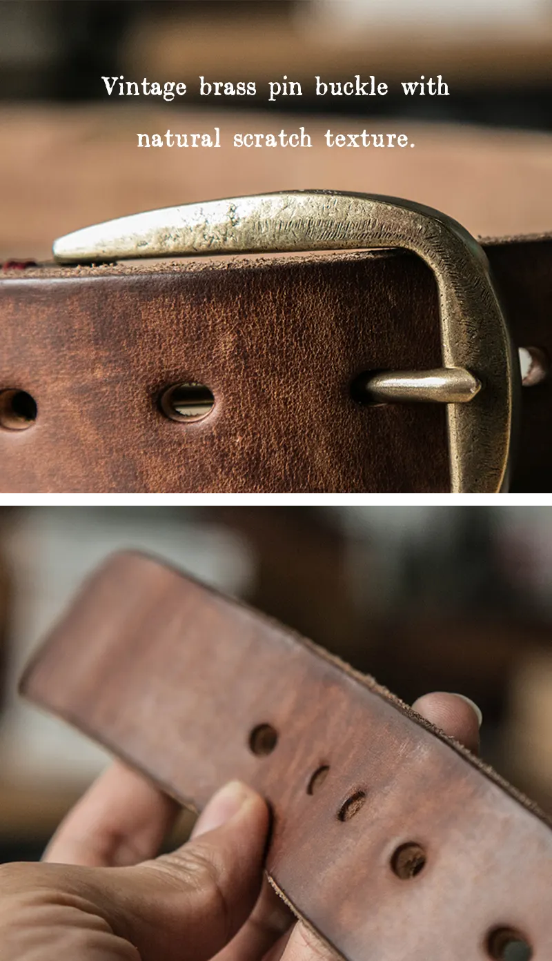 Vintage Vegetable-Tanned Genuine Leather Belt with Brass Buckle