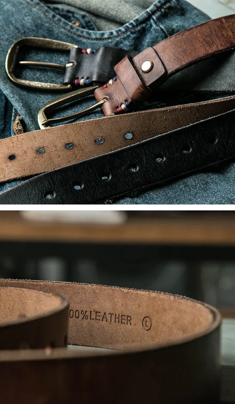 Vintage Vegetable-Tanned Genuine Leather Belt with Brass Buckle