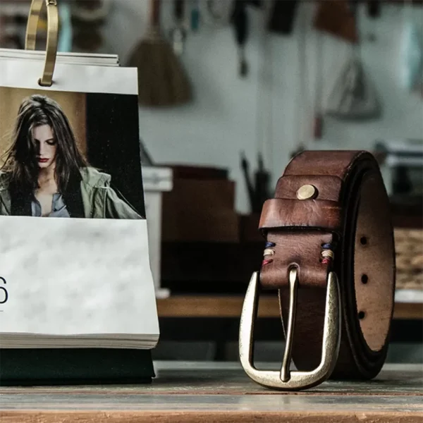 Vintage Vegetable-Tanned Genuine Leather Belt with Brass Buckle
