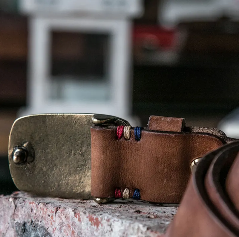 Vintage Handcrafted Leather Belt with Etched Brass Buckle