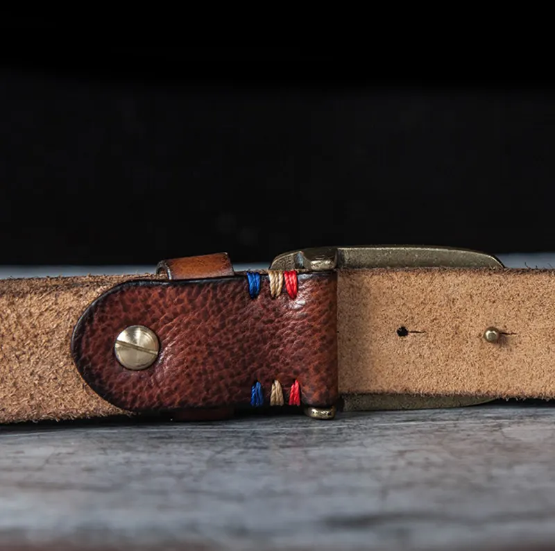 Vintage Handcrafted Leather Belt with Etched Brass Buckle