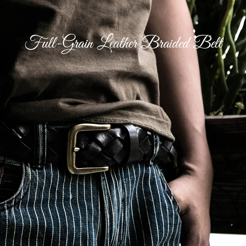 Full-Grain Leather Braided Belt with Brass Buckle