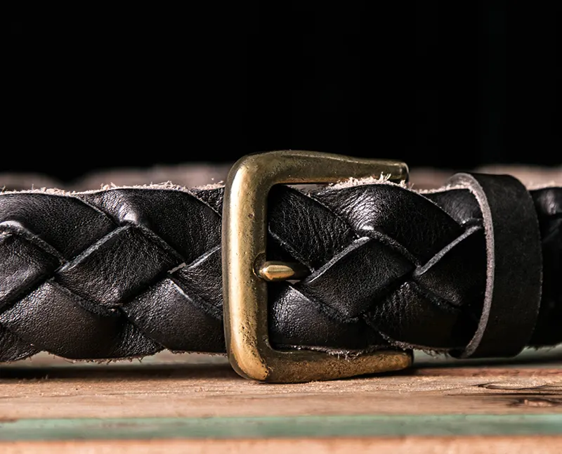 Full-Grain Leather Braided Belt with Brass Buckle