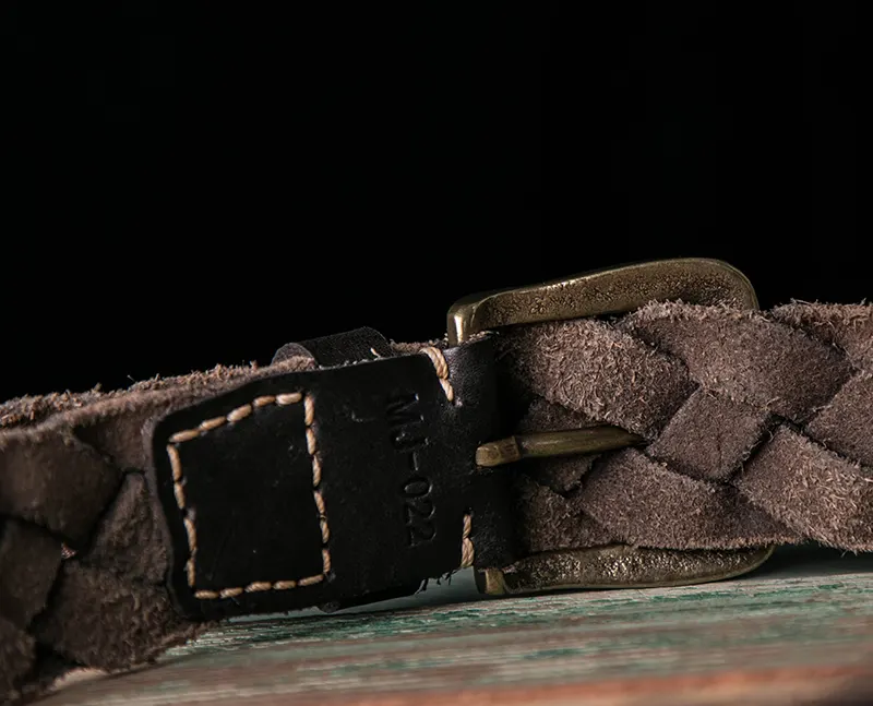 Full-Grain Leather Braided Belt with Brass Buckle