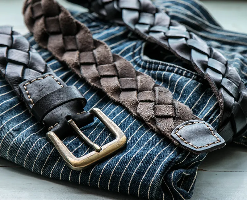 Full-Grain Leather Braided Belt with Brass Buckle
