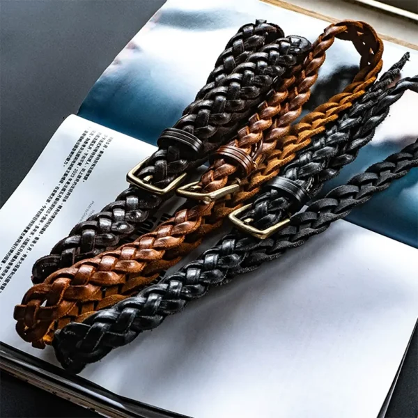 Full-Grain Leather Braided Belt with Brass Buckle