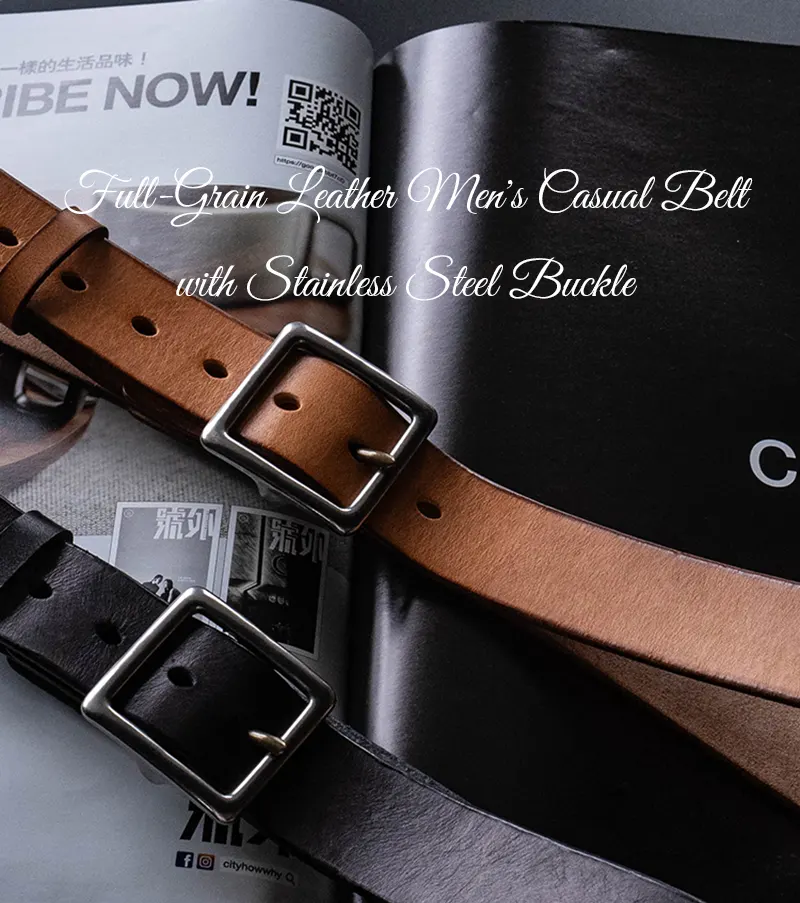 Full-Grain Leather Men's Casual Belt with Stainless Steel Buckle