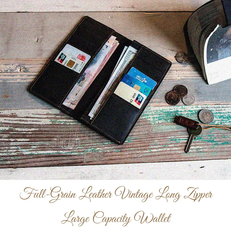 Full-Grain Leather Vintage Long Zipper Large Capacity Wallet