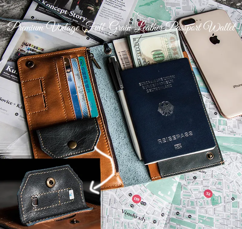 Premium Vintage Full-Grain Leather Passport Wallet for Travel