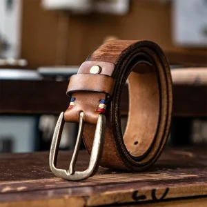 Handmade Vintage Men's Full-Grain Leather Belt with Pin Buckle