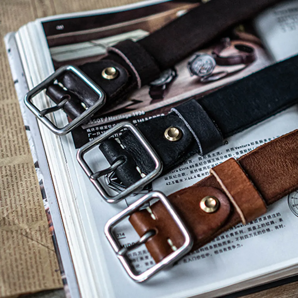 Vintage Versatile Genuine Leather Belt with Silver Square Buckle