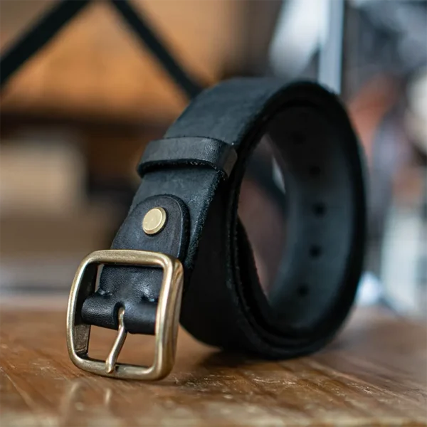 Vintage Men's Full-Grain Leather Belt with Square Pin Buckle Black