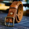 Vintage Men's Full-Grain Leather Belt with Square Pin Buckle Brown