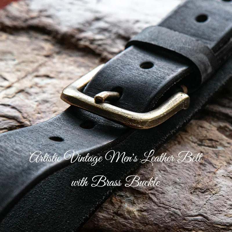 Artistic Vintage Men's Leather Belt with Brass Buckle