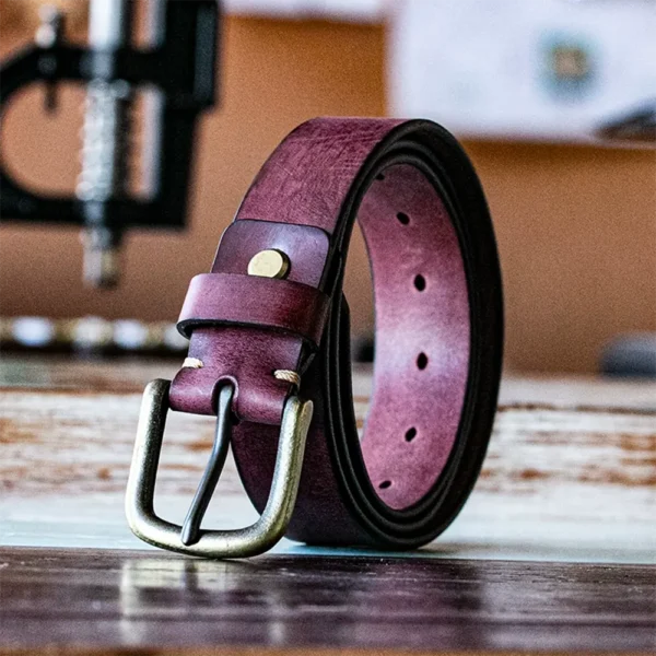 Artistic Vintage Men's Leather Belt with Brass Buckle Wine Red