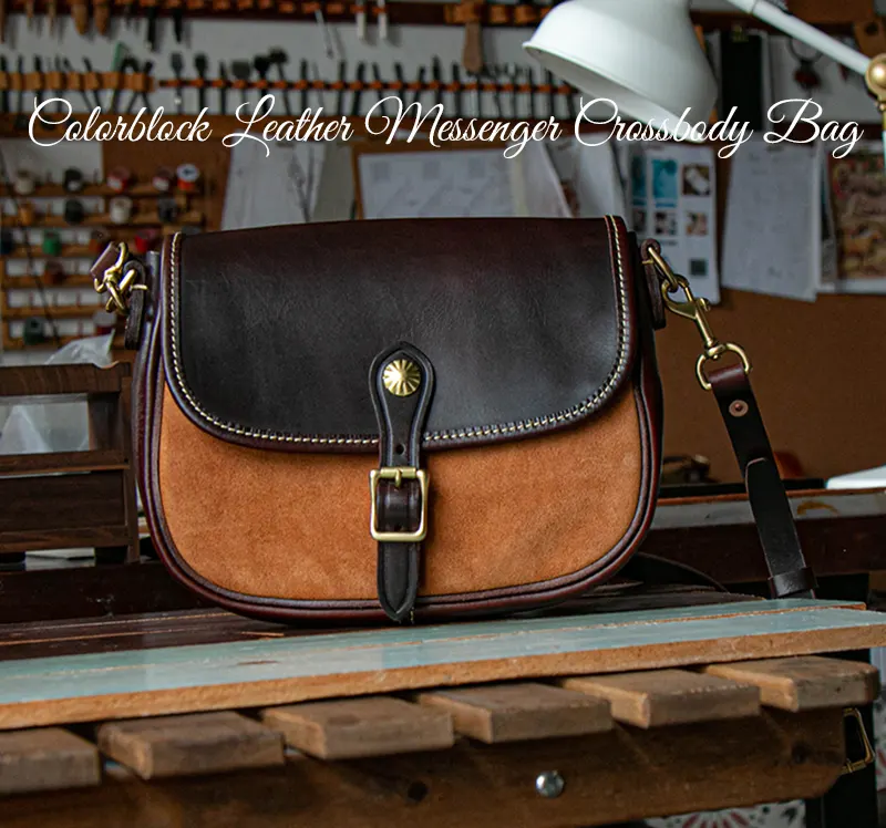 Colorblock Full-Grain Leather Messenger Style Crossbody Bag