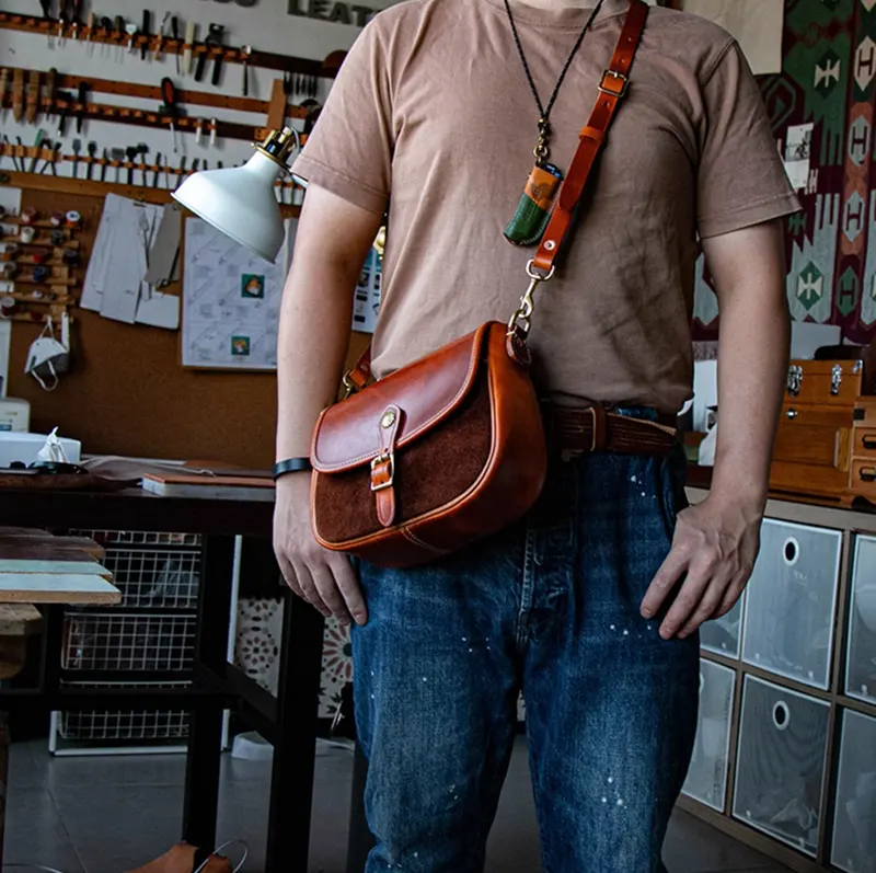 Colorblock Full-Grain Leather Messenger Style Crossbody Bag