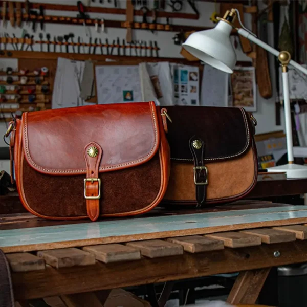 Colorblock Full-Grain Leather Messenger Style Crossbody Bag