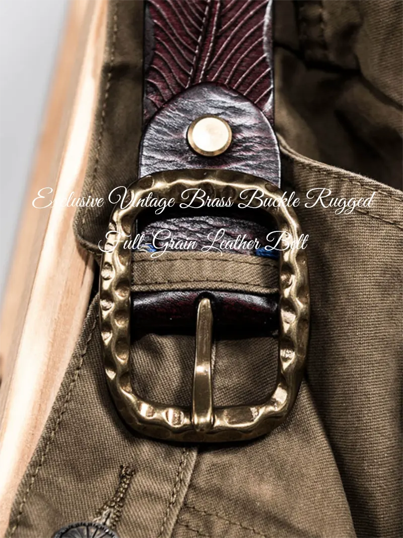 Exclusive Vintage Brass Buckle Rugged Full-Grain Leather Belt