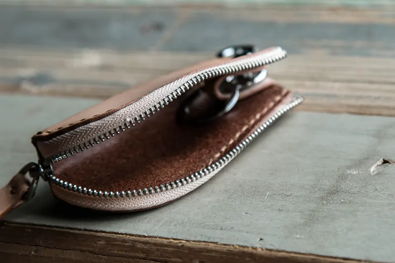 Hand-Stitched Genuine Leather Motorcycle Keychain with Zipper