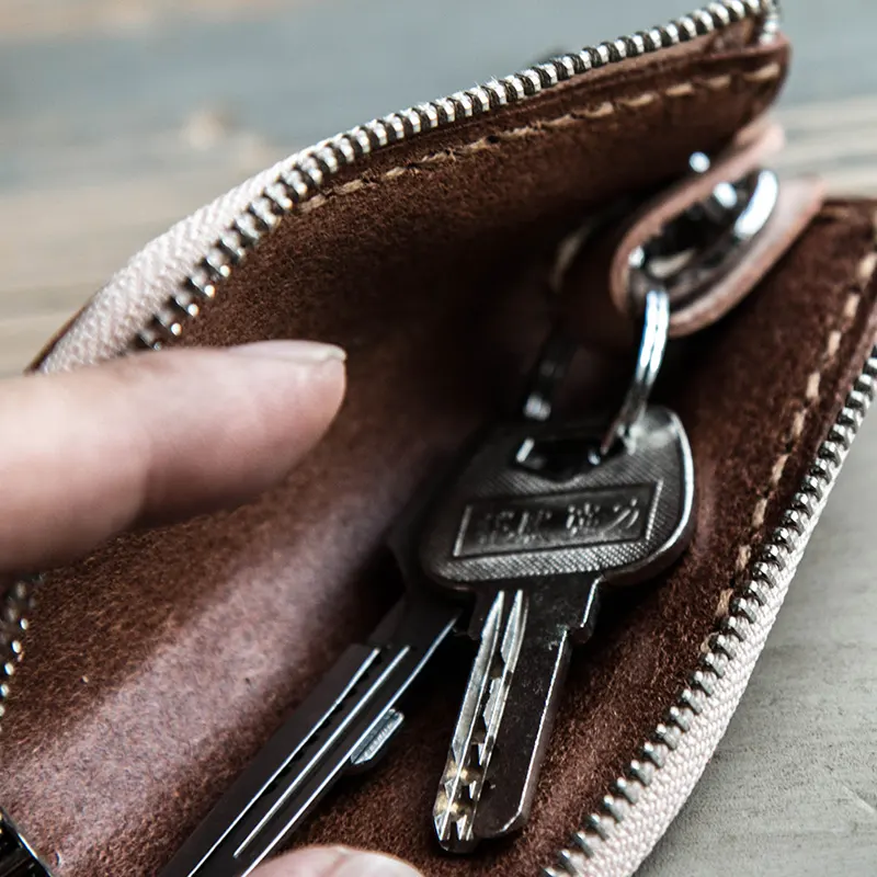 Hand-Stitched Genuine Leather Motorcycle Keychain with Zipper