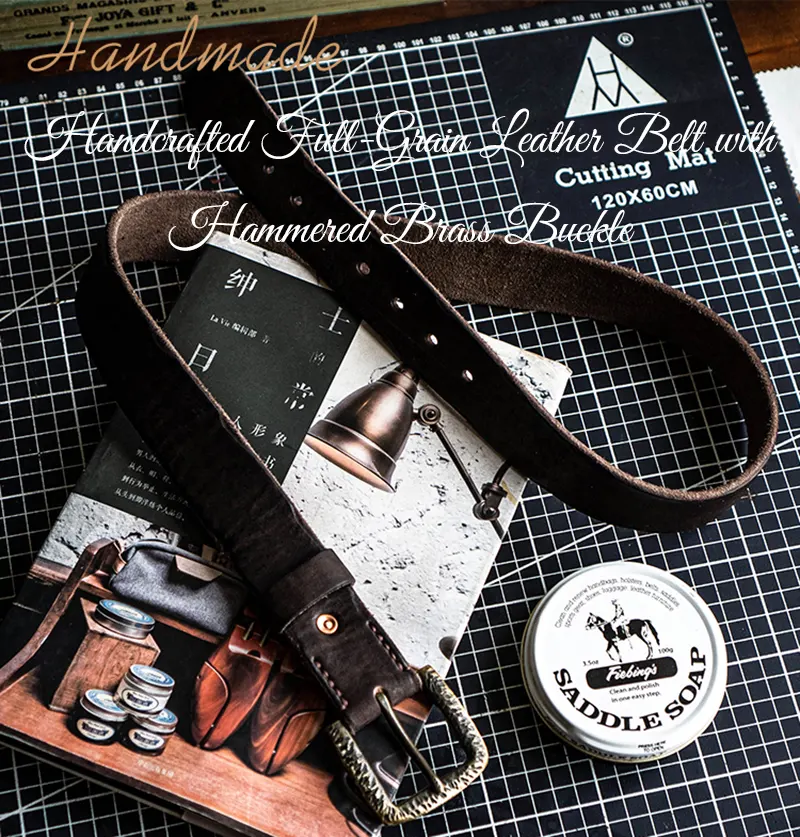 Handcrafted Full-Grain Leather Belt with Hammered Brass Buckle