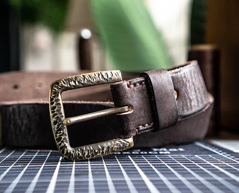 Handcrafted Full-Grain Leather Belt with Hammered Brass Buckle