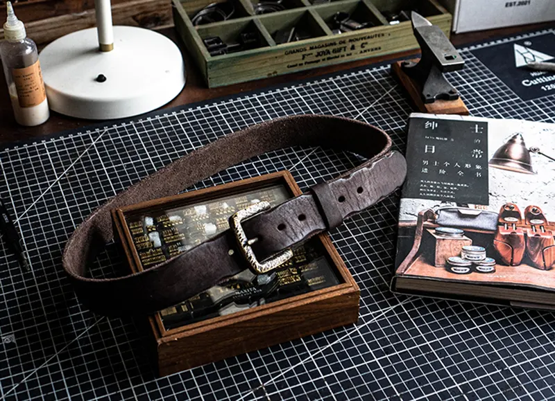 Handcrafted Full-Grain Leather Belt with Hammered Brass Buckle