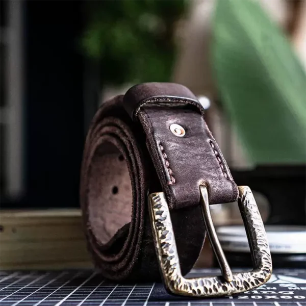 RSBE0692-z-05 Handcrafted Full-Grain Leather Belt with Hammered Brass Buckle