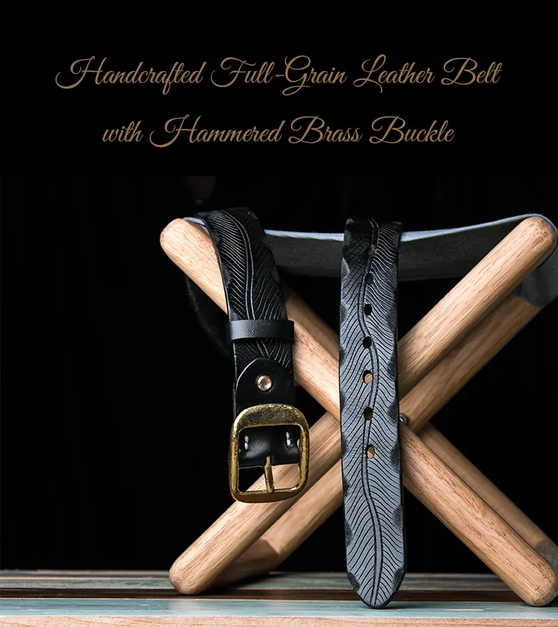 Handcrafted Full-Grain Leather Belt with Hammered Brass Buckle