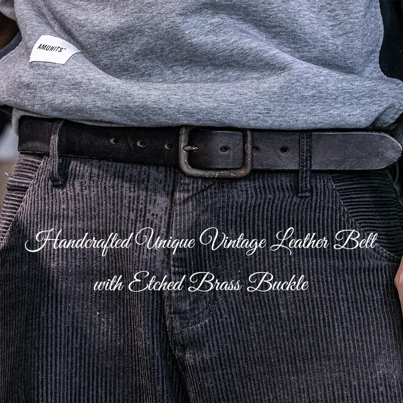 Handcrafted Unique Vintage Leather Belt with Etched Brass Buckle
