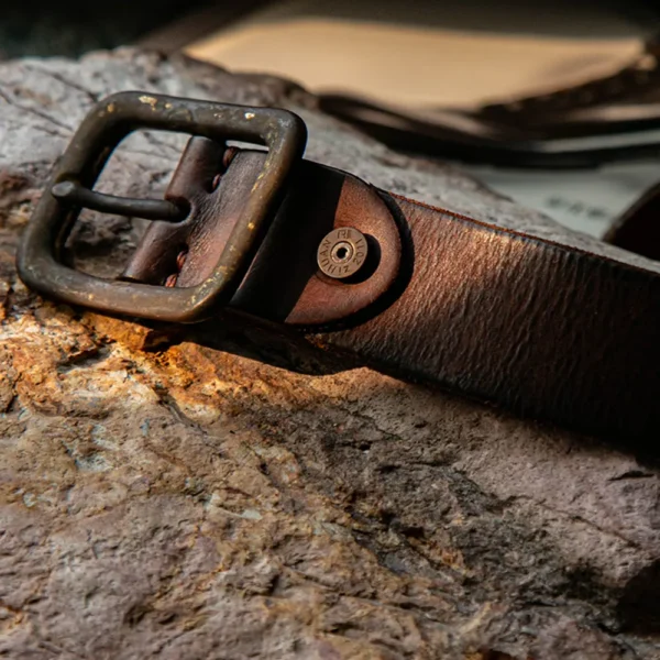 Handcrafted Unique Vintage Leather Belt with Etched Brass Buckle