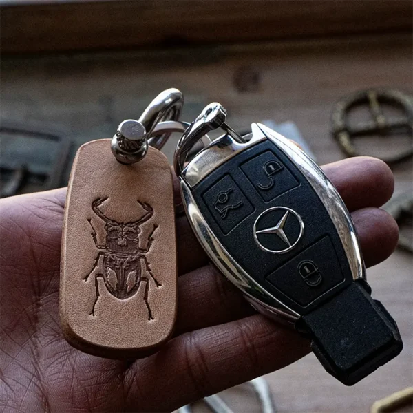 Handcrafted Vintage Stag Beetle Car Leather Keychain Pendant