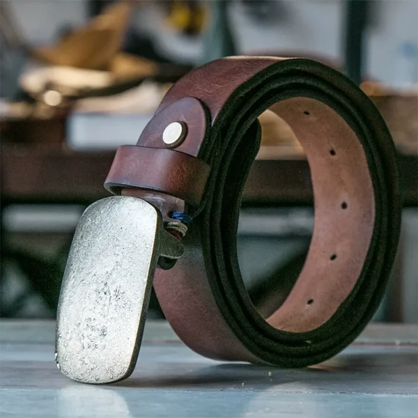 RSBE0153 Vintage Handcrafted Leather Belt with Etched Brass Buckle