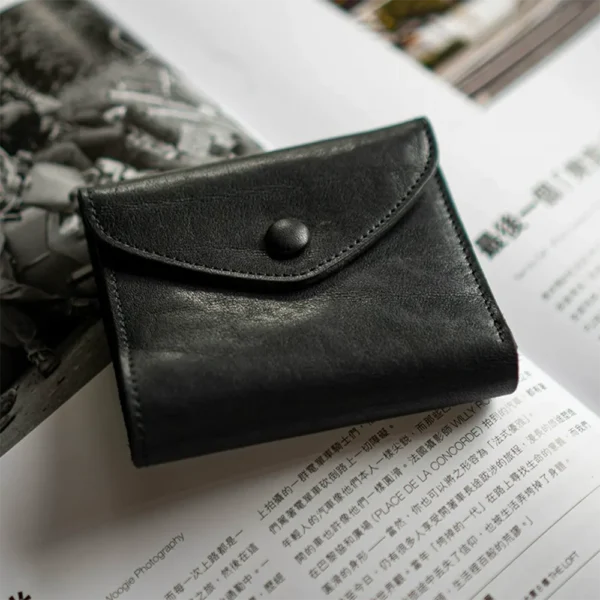 Limited Handcrafted Soft Textured Leather Short Bi-Fold Wallet Black