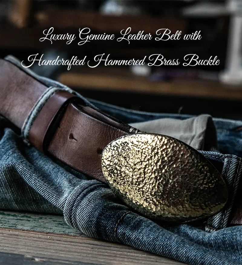 Luxury Genuine Leather Belt Handcrafted Hammered Brass Buckle