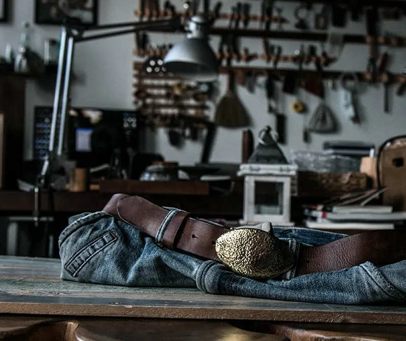 Luxury Genuine Leather Belt Handcrafted Hammered Brass Buckle