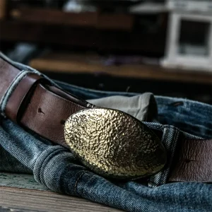 Luxury Genuine Leather Belt Handcrafted Hammered Brass Buckle