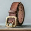 Luxury Hammered Brass Double Prong Buckle Leather Belt