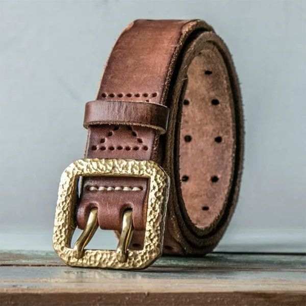 Luxury Hammered Brass Double Prong Buckle Leather Belt