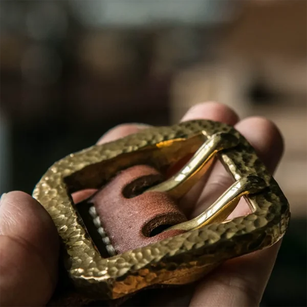 Luxury Hammered Brass Double Prong Buckle Leather Belt