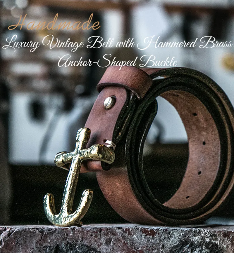 Luxury Vintage Belt with Hammered Brass Anchor-Shaped Buckle
