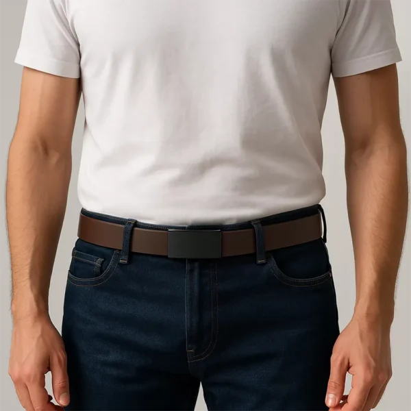 Minimalist Men's Business Automatic Buckle Full-Grain Leather Belt Coffee