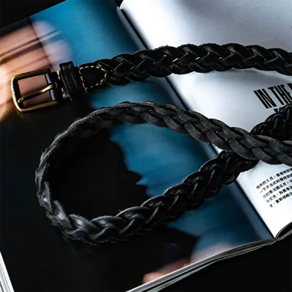 Full-Grain Leather Braided Belt with Brass Buckle Black