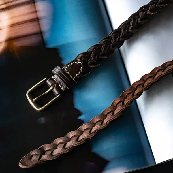 Full-Grain Leather Braided Belt with Brass Buckle
