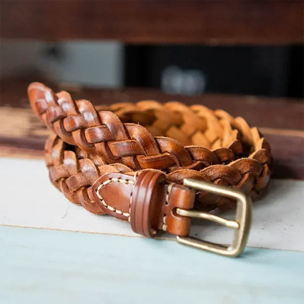 Full-Grain Leather Braided Belt with Brass Buckle Tan