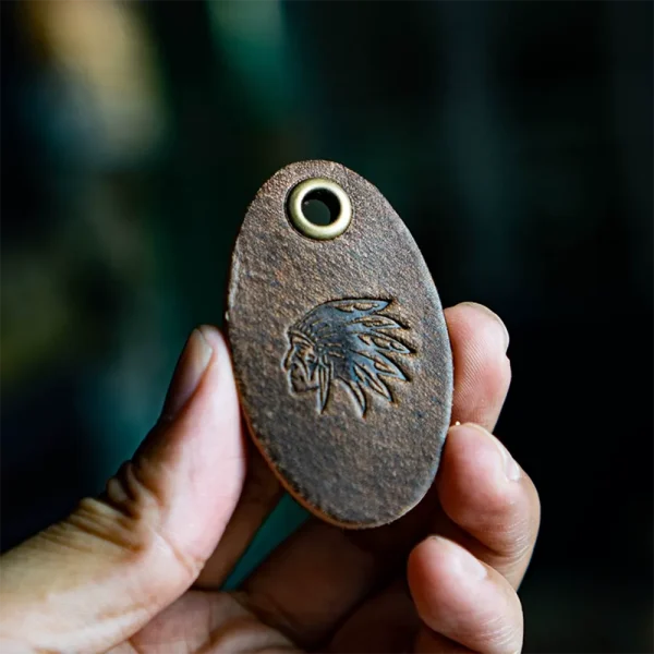 Vintage Vegetable-Tanned Biker Style Full-Grain Leather Keychain Indian Chief