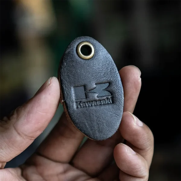 Vintage Vegetable-Tanned Biker Style Full-Grain Leather Keychain Kawasaki