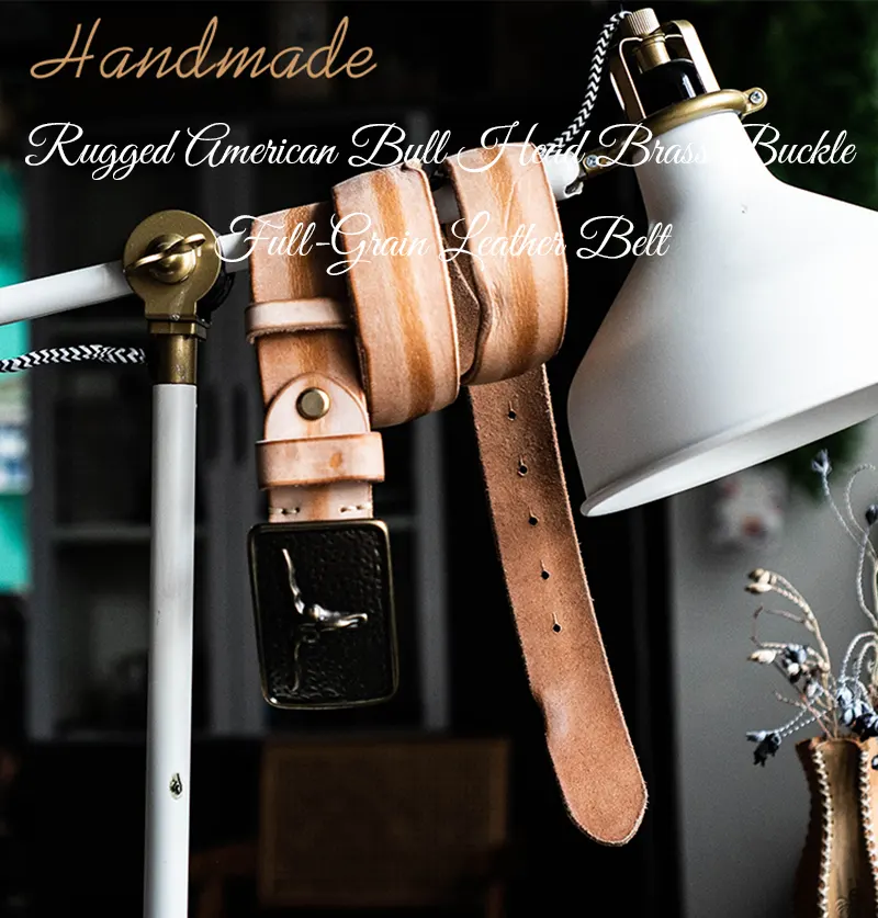 Rugged American Bull Head Brass Buckle Full-Grain Leather Belt