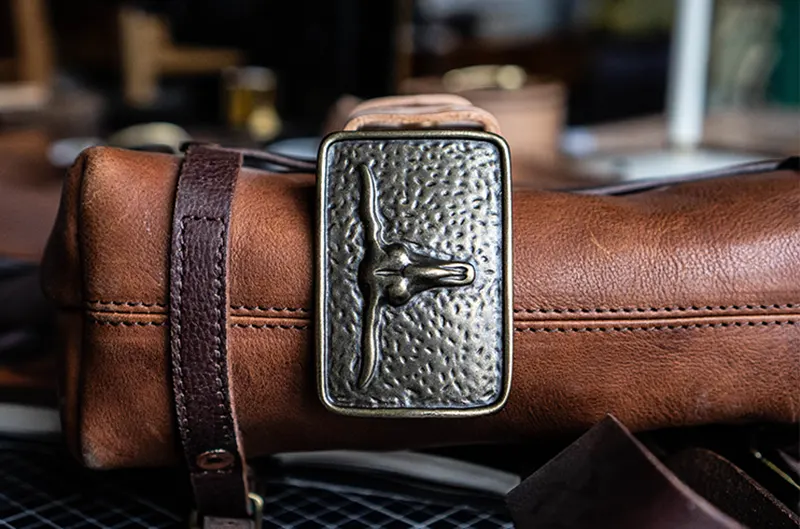 Rugged American Bull Head Brass Buckle Full-Grain Leather Belt